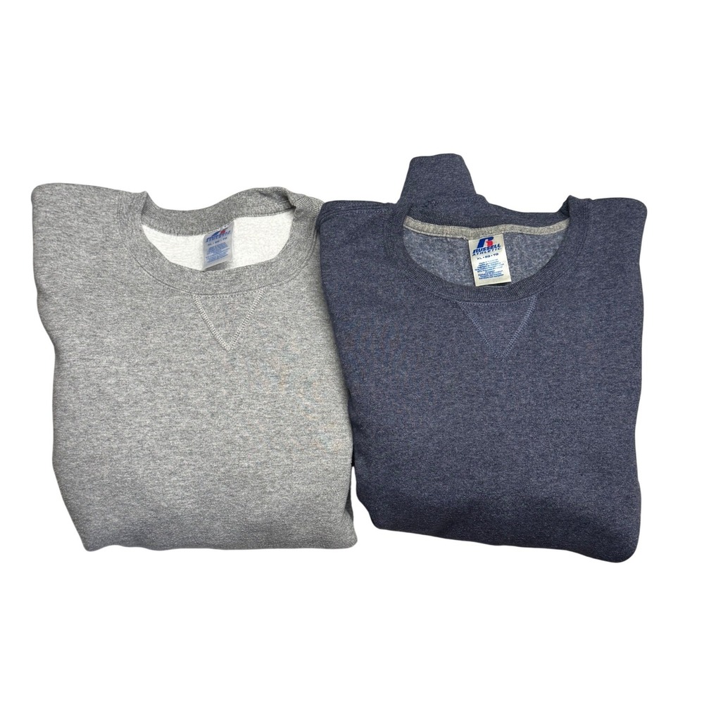 Lot of 2 Russell Athletic Crewneck Sweatshirts XL Heather Grey Navy Blue Y2K
